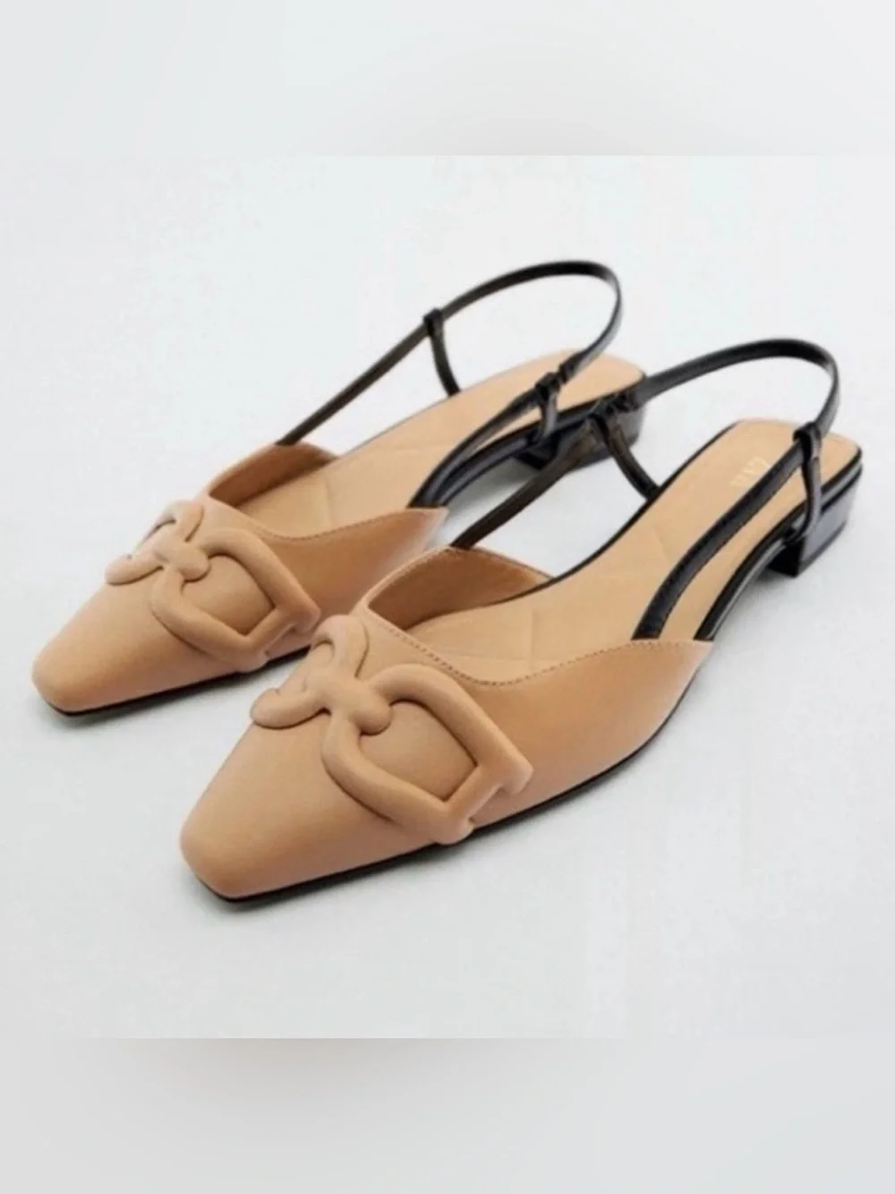 Zara Beige Pointed Slingback Flats with Black Strap brand new